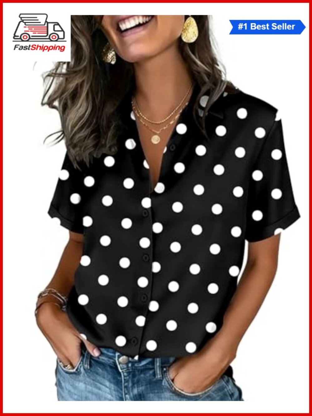 ✨Zeagoo Women's Short Sleeve Button Down Blouse V-Neck Roll-Up Cuffs Business